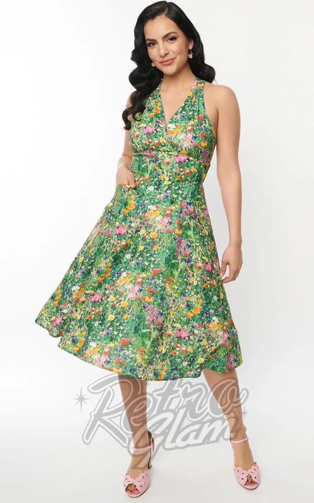 Unique Vintage Halter Swing Dress In Meadow Floral