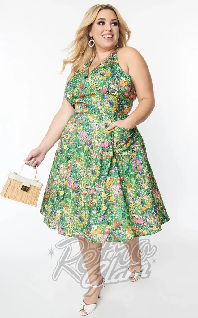 Unique Vintage Halter Swing Dress In Meadow Floral