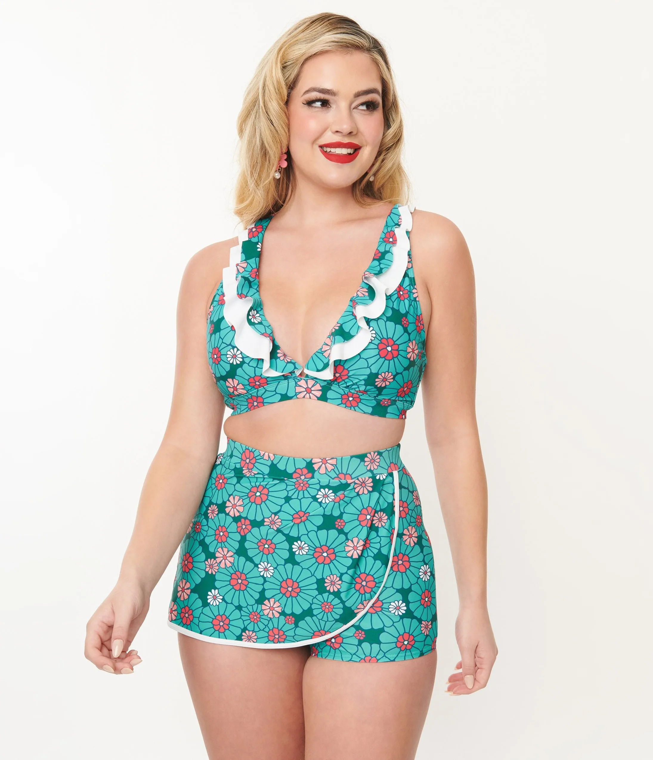 Unique Vintage Teal Flower Child Halter Swim Top