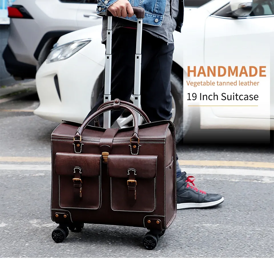 Unisex Genuine Leather Luggage Spinner Wheels Business Trolley Suitcase