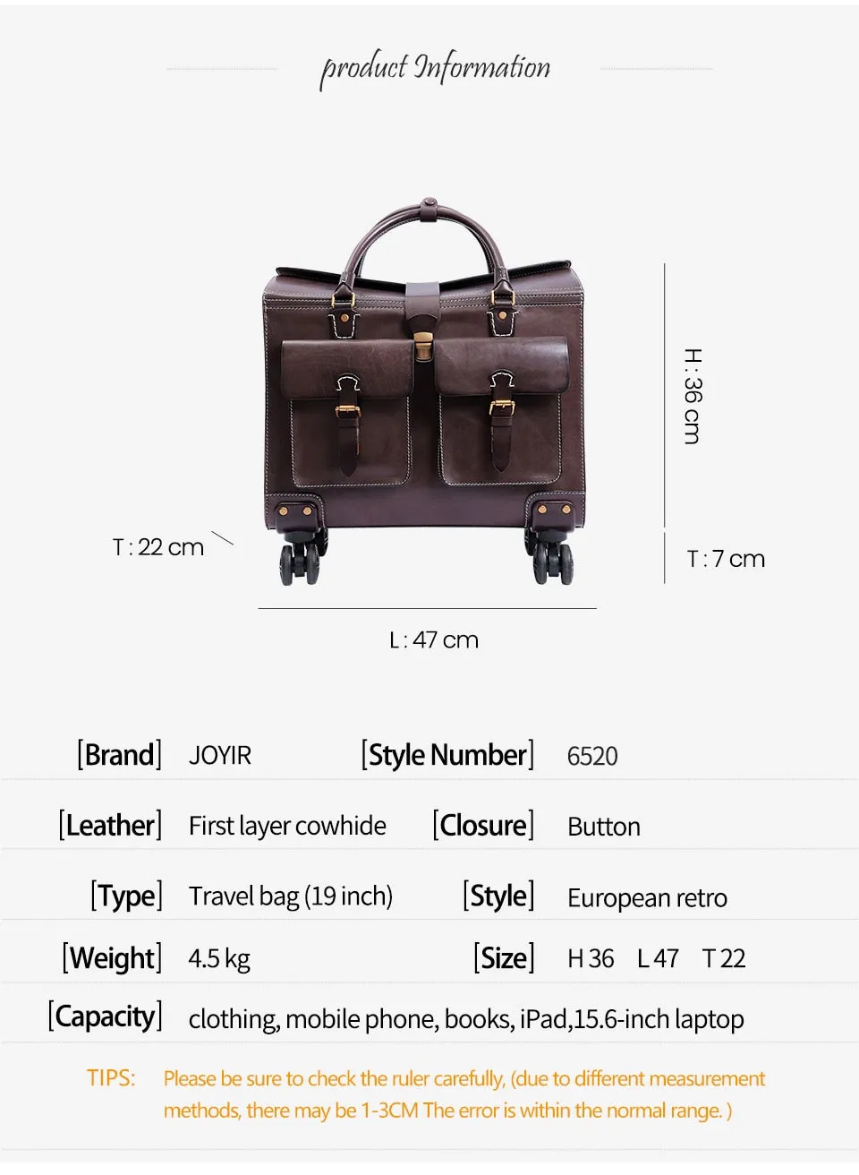 Unisex Genuine Leather Luggage Spinner Wheels Business Trolley Suitcase