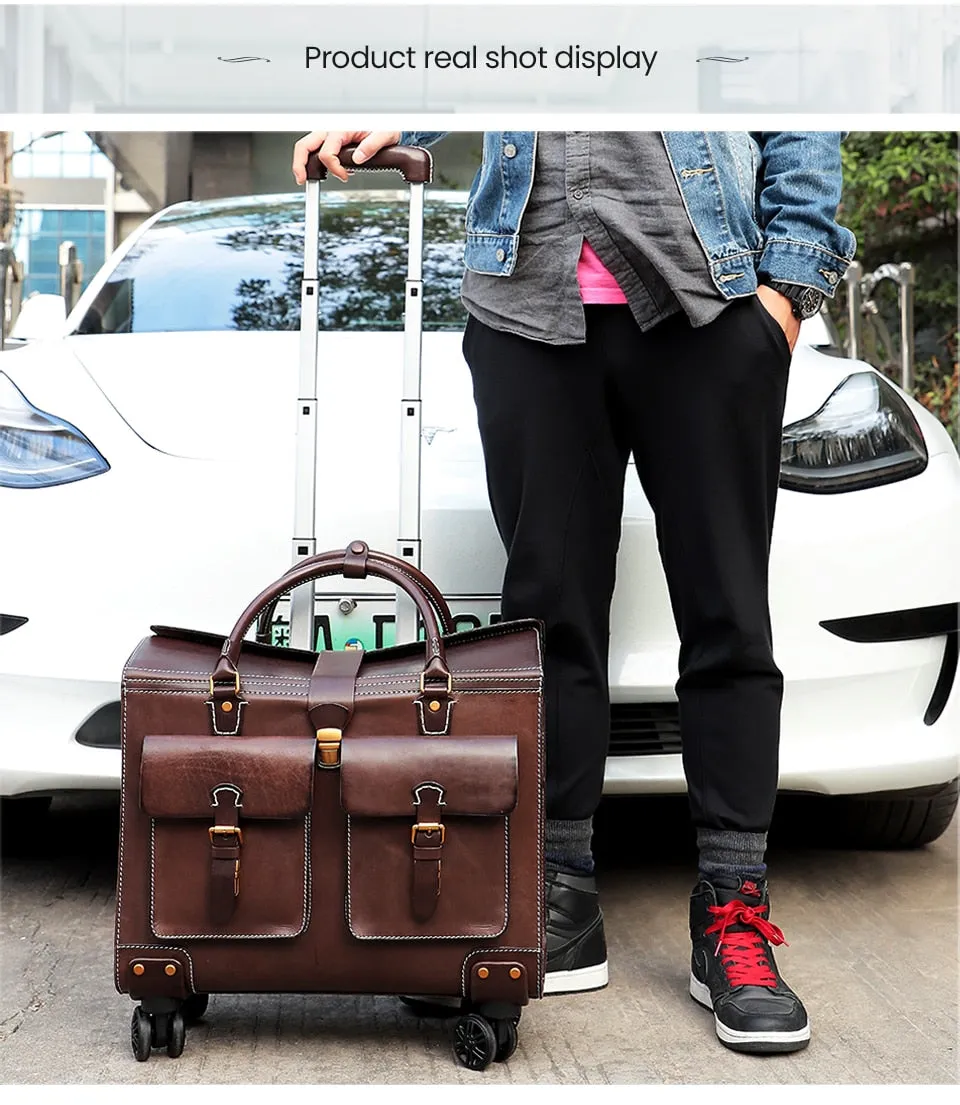 Unisex Genuine Leather Luggage Spinner Wheels Business Trolley Suitcase