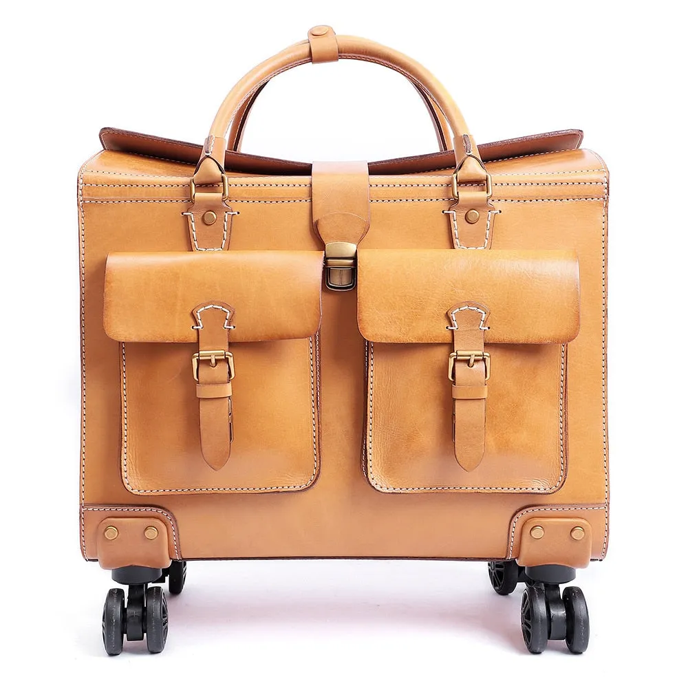 Unisex Genuine Leather Luggage Spinner Wheels Business Trolley Suitcase