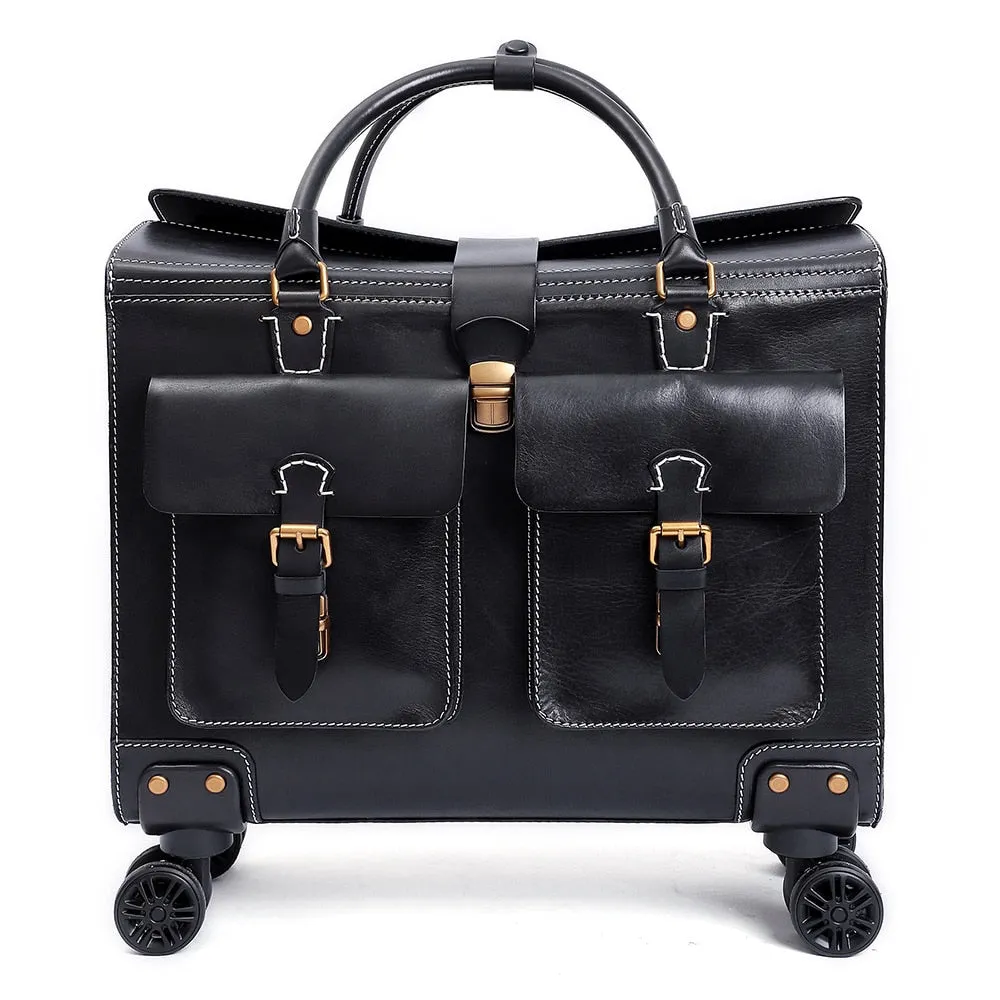 Unisex Genuine Leather Luggage Spinner Wheels Business Trolley Suitcase