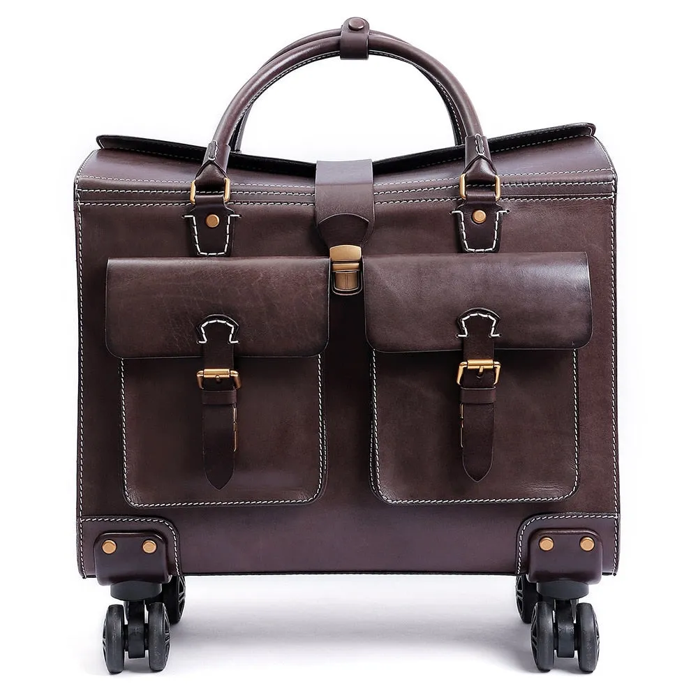 Unisex Genuine Leather Luggage Spinner Wheels Business Trolley Suitcase