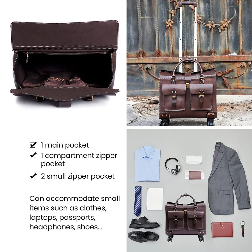 Unisex Genuine Leather Luggage Spinner Wheels Business Trolley Suitcase