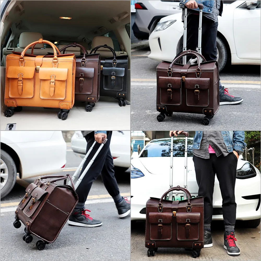 Unisex Genuine Leather Luggage Spinner Wheels Business Trolley Suitcase