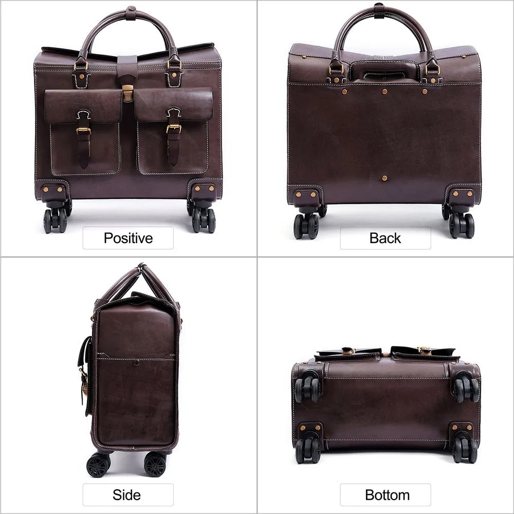 Unisex Genuine Leather Luggage Spinner Wheels Business Trolley Suitcase