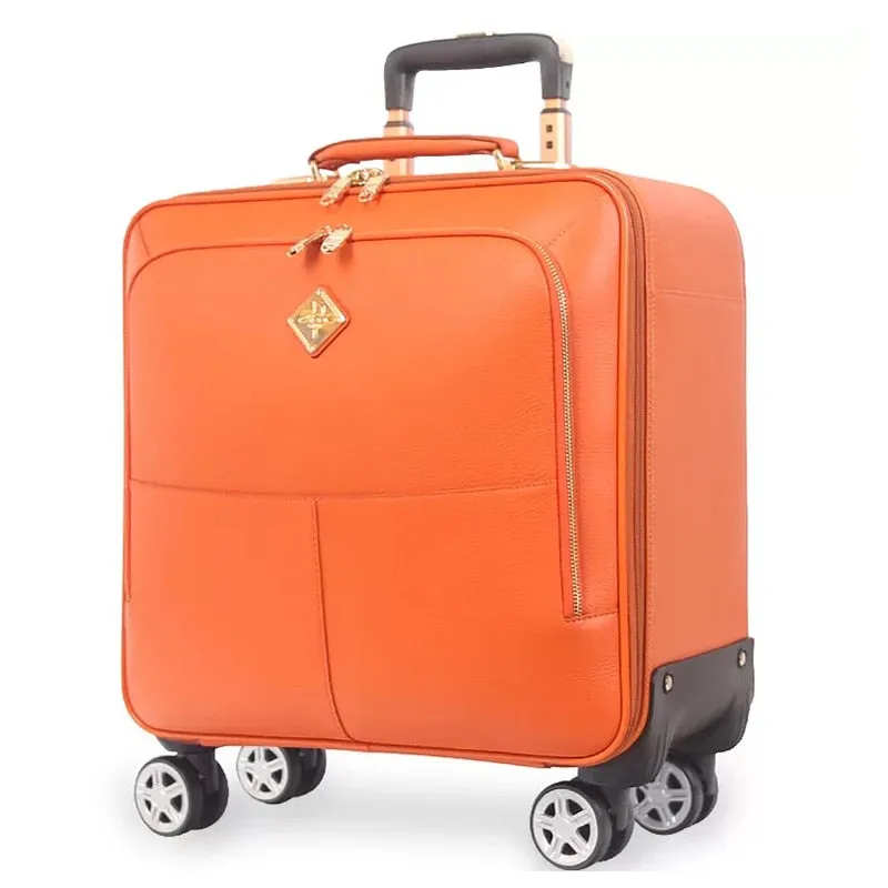 Unisex Genuine Leather Rolling Luggage Spinner Travel Trolley Suitcase