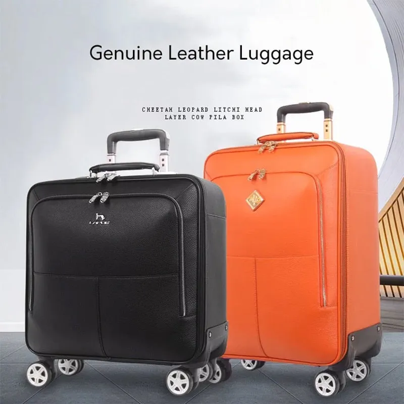 Unisex Genuine Leather Rolling Luggage Spinner Travel Trolley Suitcase