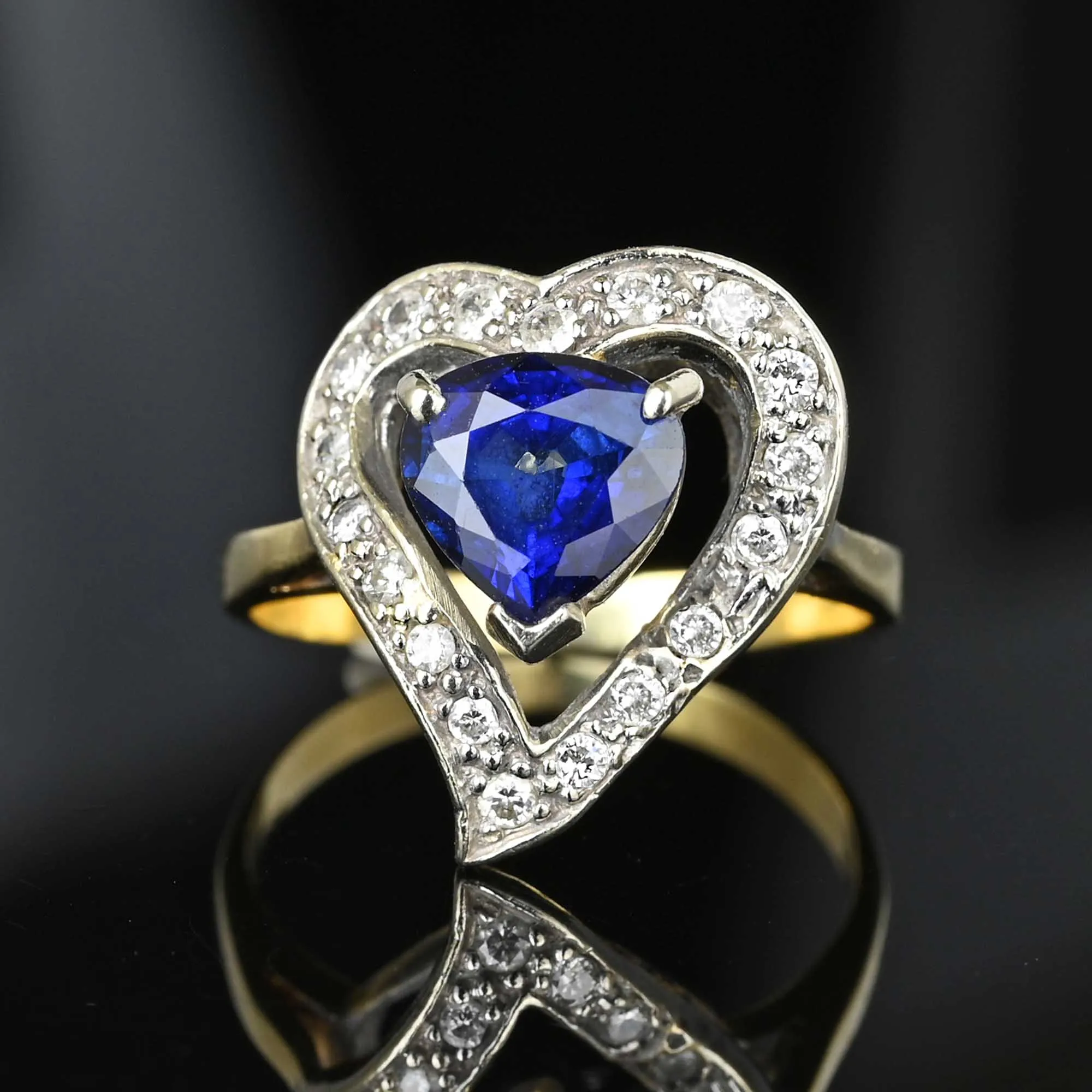 Vintage 14K Gold Diamond Halo Witches Heart Sapphire Ring