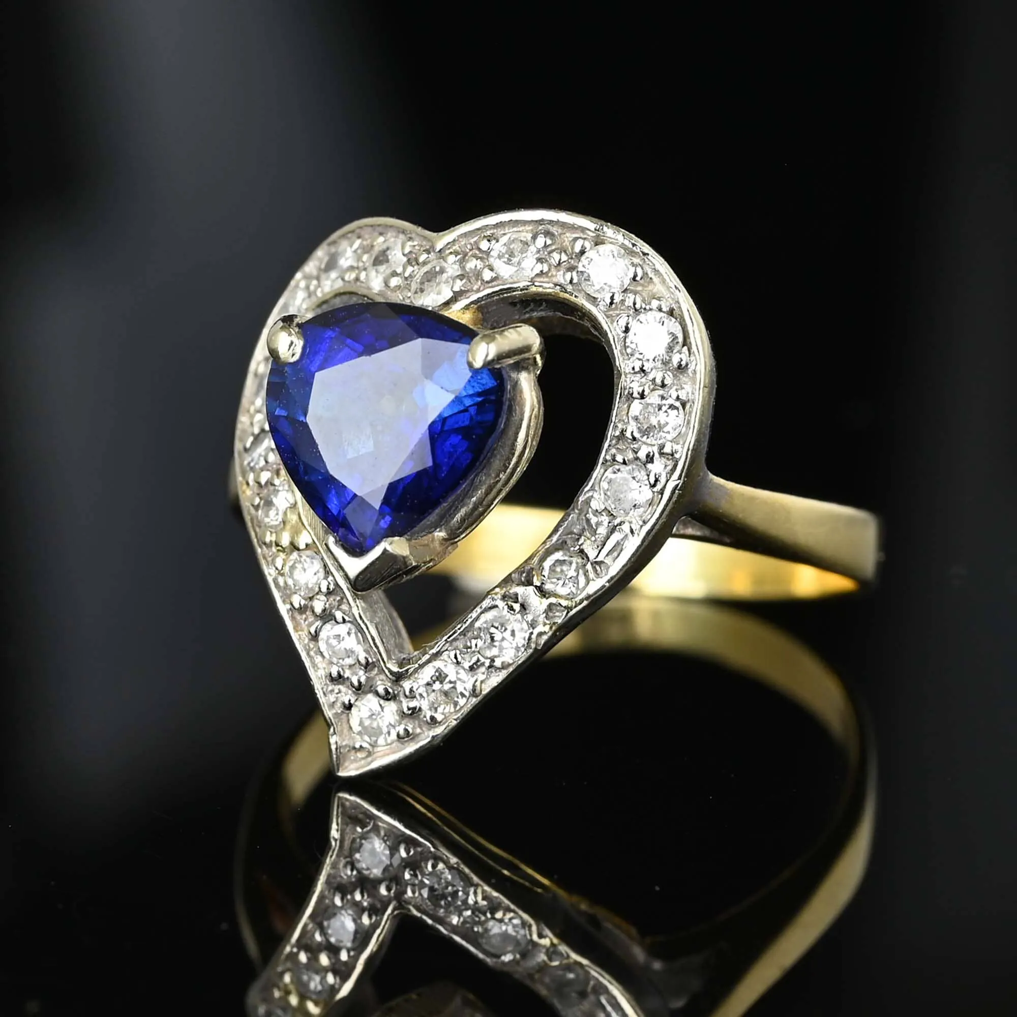 Vintage 14K Gold Diamond Halo Witches Heart Sapphire Ring