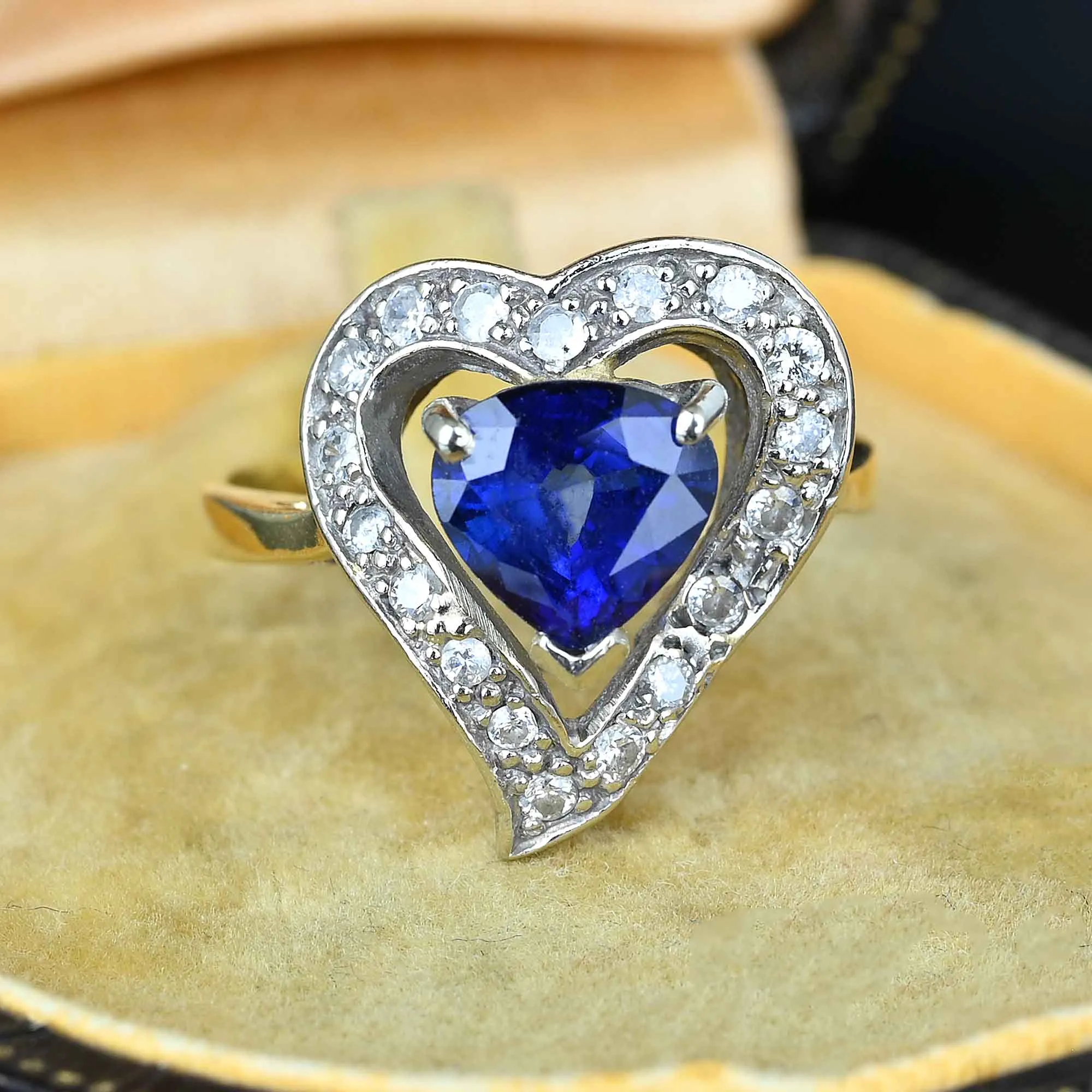 Vintage 14K Gold Diamond Halo Witches Heart Sapphire Ring